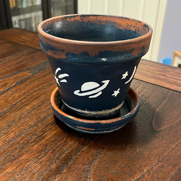 Unique Flower Pot Planets Stars Space Clay Planter Teal White Hand-Painted - Picture 1 of 3